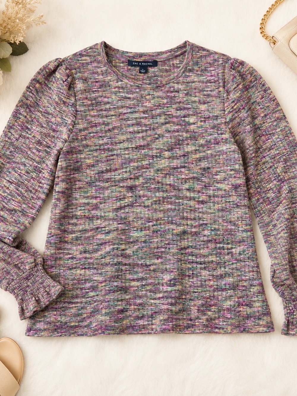 💗💚Zac & Rachel Multicolor Space-Dye Knit Blouse Size Large Smocked Cuffs💗💚